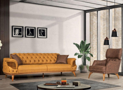 Modern Chesterfield Sofa Set Three-Seater Luxury Sofas Armchair Yellow 2-piece Set